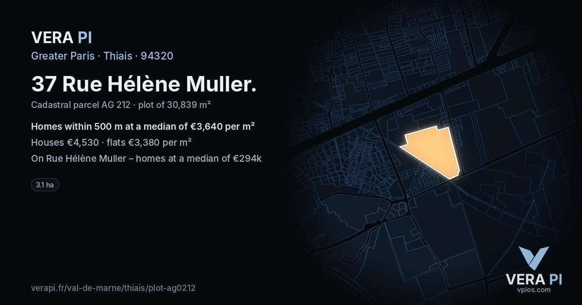37 Rue Hélène Muller, Thiais at night – the plot lit, the parcels around coloured by the prices near them
