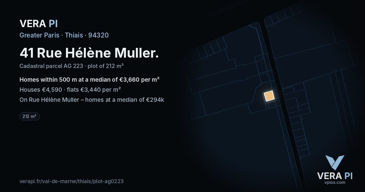 41 Rue Hélène Muller, Thiais at night – the plot lit, the parcels around coloured by the prices near them