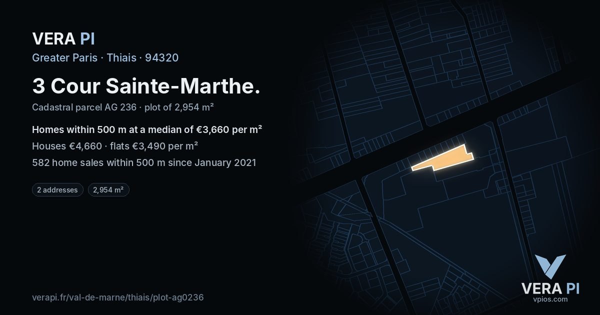 3 Cour Sainte-Marthe, Thiais at night – the plot lit, the parcels around coloured by the prices near them