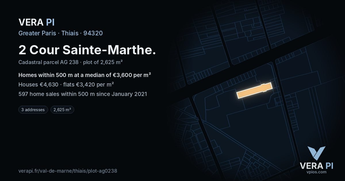 2 Cour Sainte-Marthe, Thiais at night – the plot lit, the parcels around coloured by the prices near them