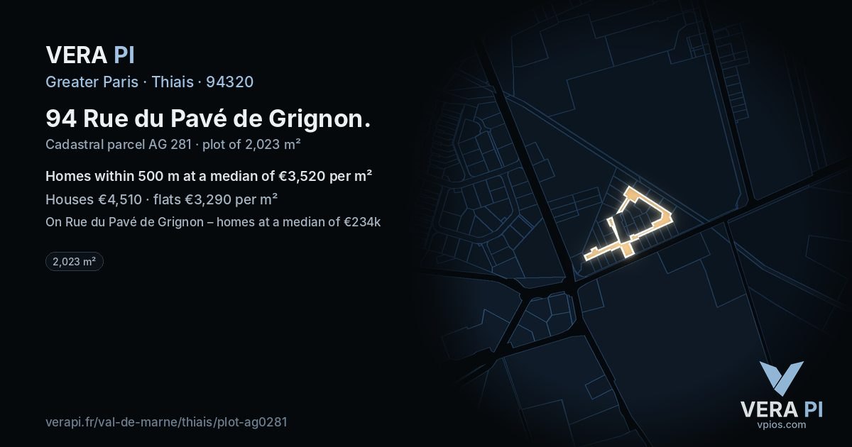 94 Rue du Pavé de Grignon, Thiais at night – the plot lit, the parcels around coloured by the prices near them