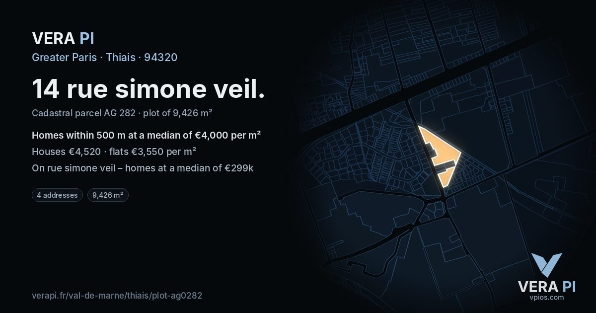14 rue simone veil, Thiais at night – the plot lit, the parcels around coloured by the prices near them