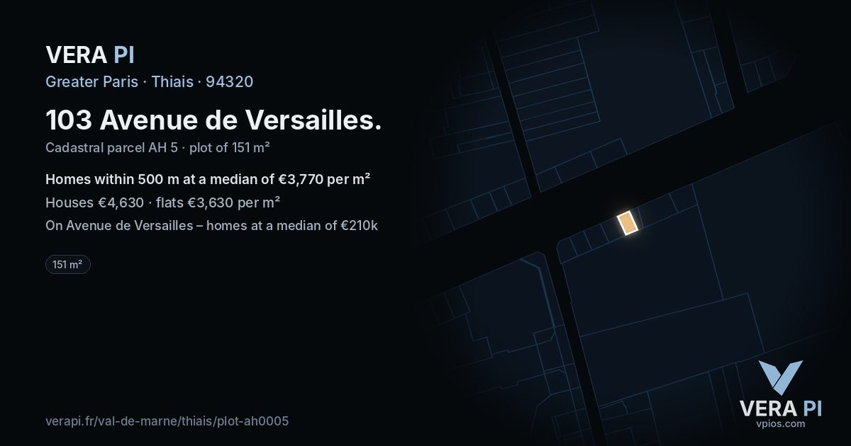 103 Avenue de Versailles, Thiais at night – the plot lit, the parcels around coloured by the prices near them