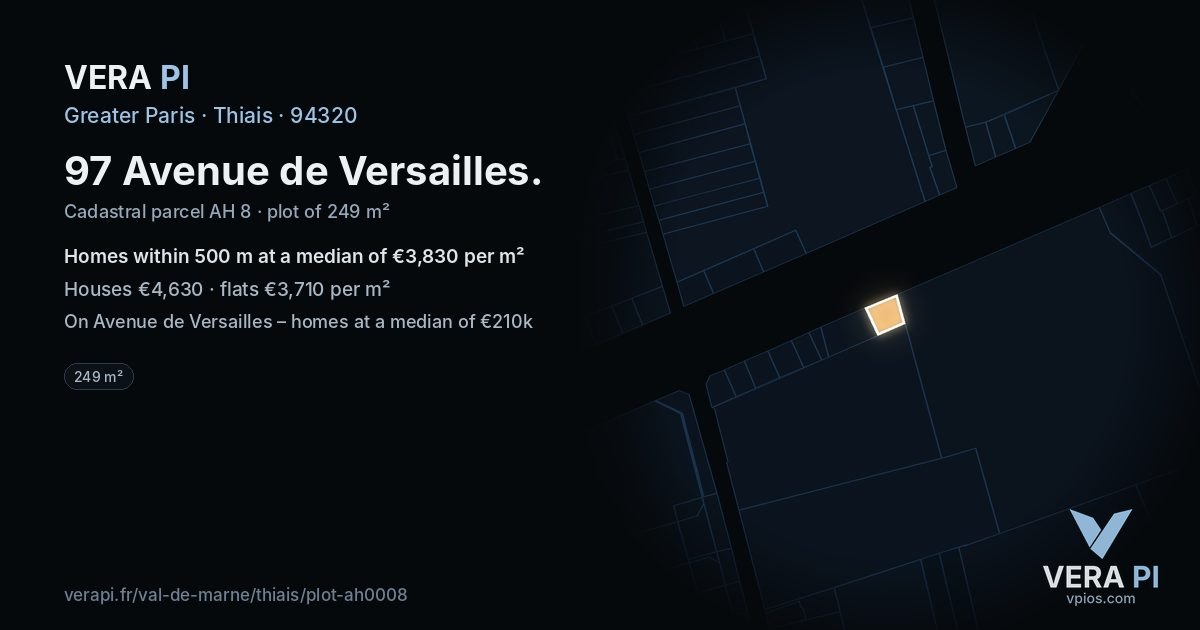 97 Avenue de Versailles, Thiais at night – the plot lit, the parcels around coloured by the prices near them