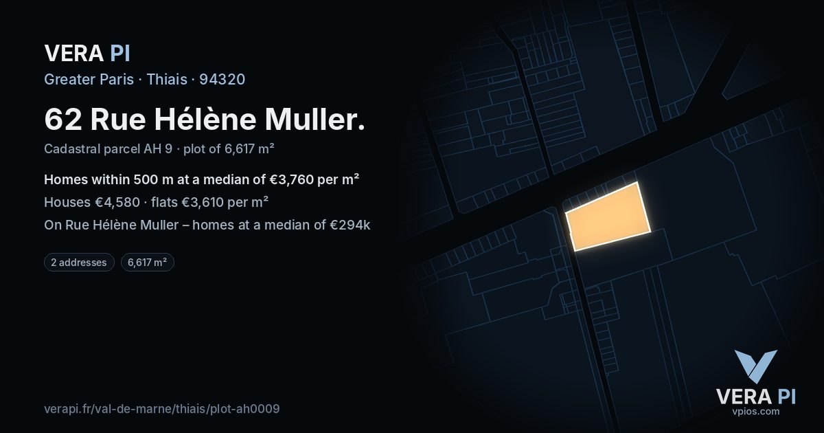 62 Rue Hélène Muller, Thiais at night – the plot lit, the parcels around coloured by the prices near them