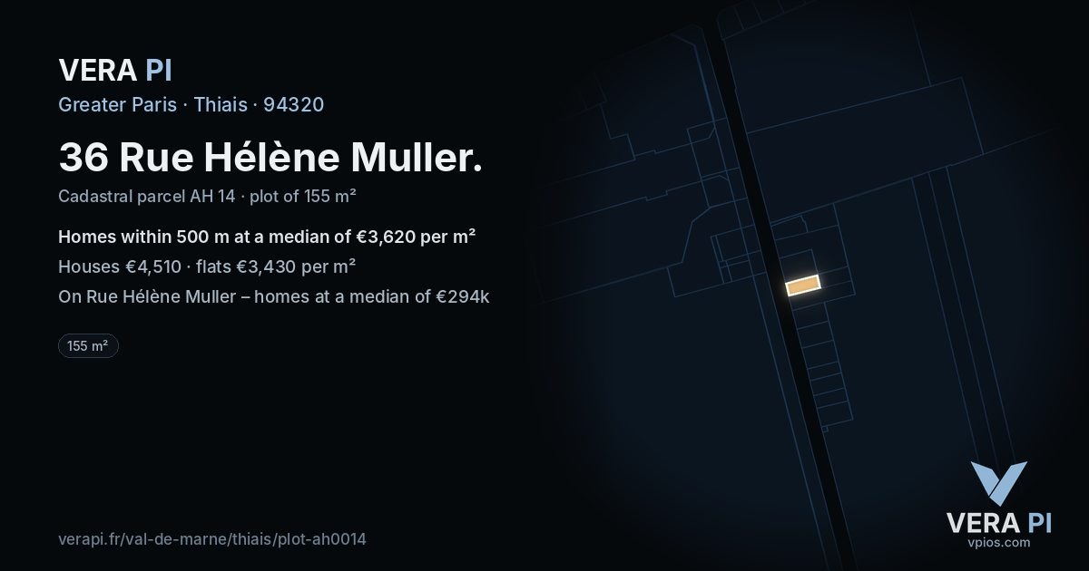 36 Rue Hélène Muller, Thiais at night – the plot lit, the parcels around coloured by the prices near them