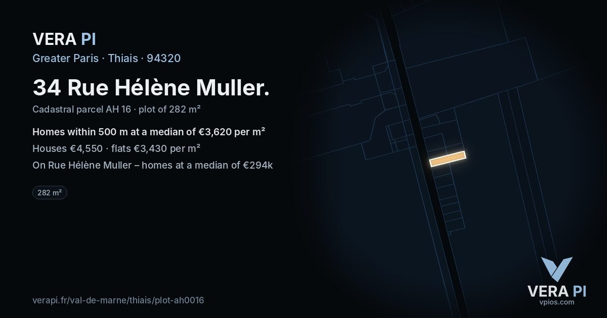 34 Rue Hélène Muller, Thiais at night – the plot lit, the parcels around coloured by the prices near them