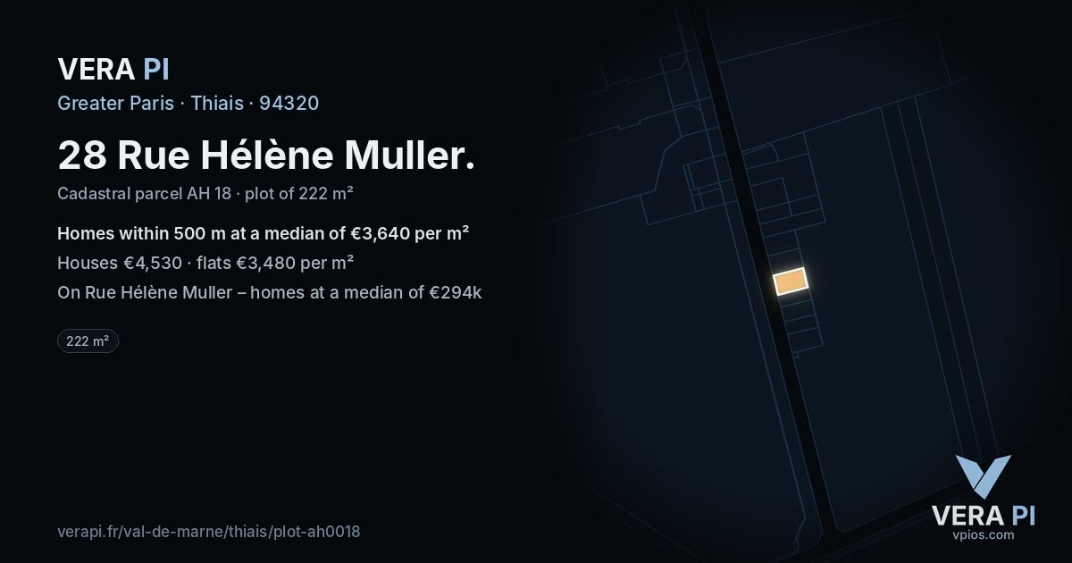 28 Rue Hélène Muller, Thiais at night – the plot lit, the parcels around coloured by the prices near them