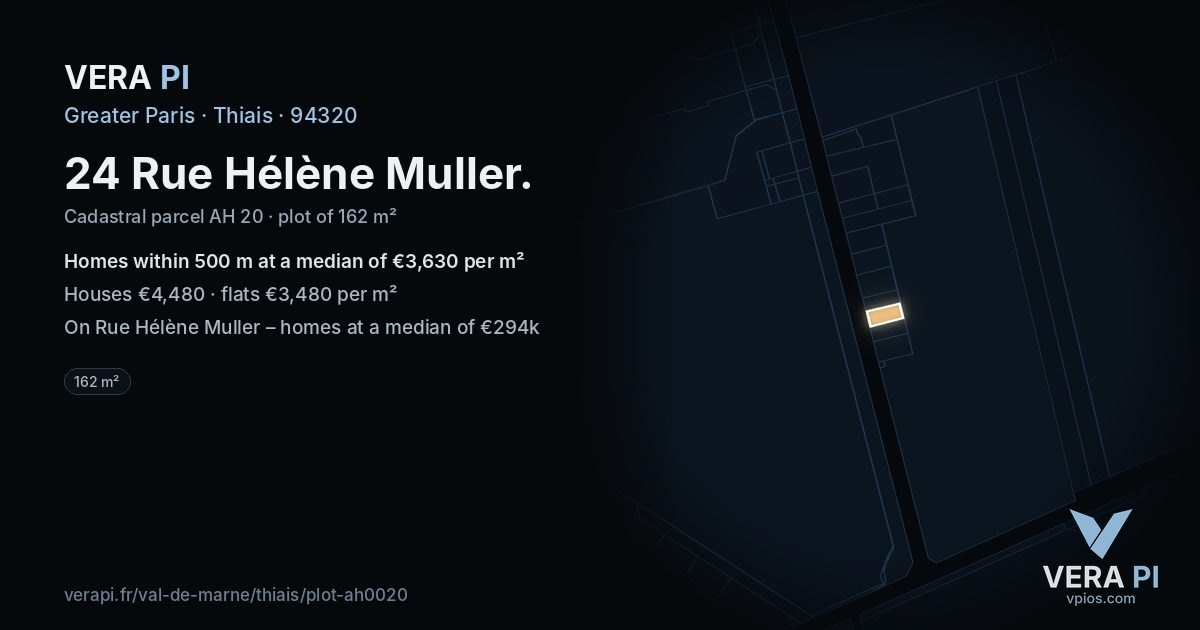 24 Rue Hélène Muller, Thiais at night – the plot lit, the parcels around coloured by the prices near them