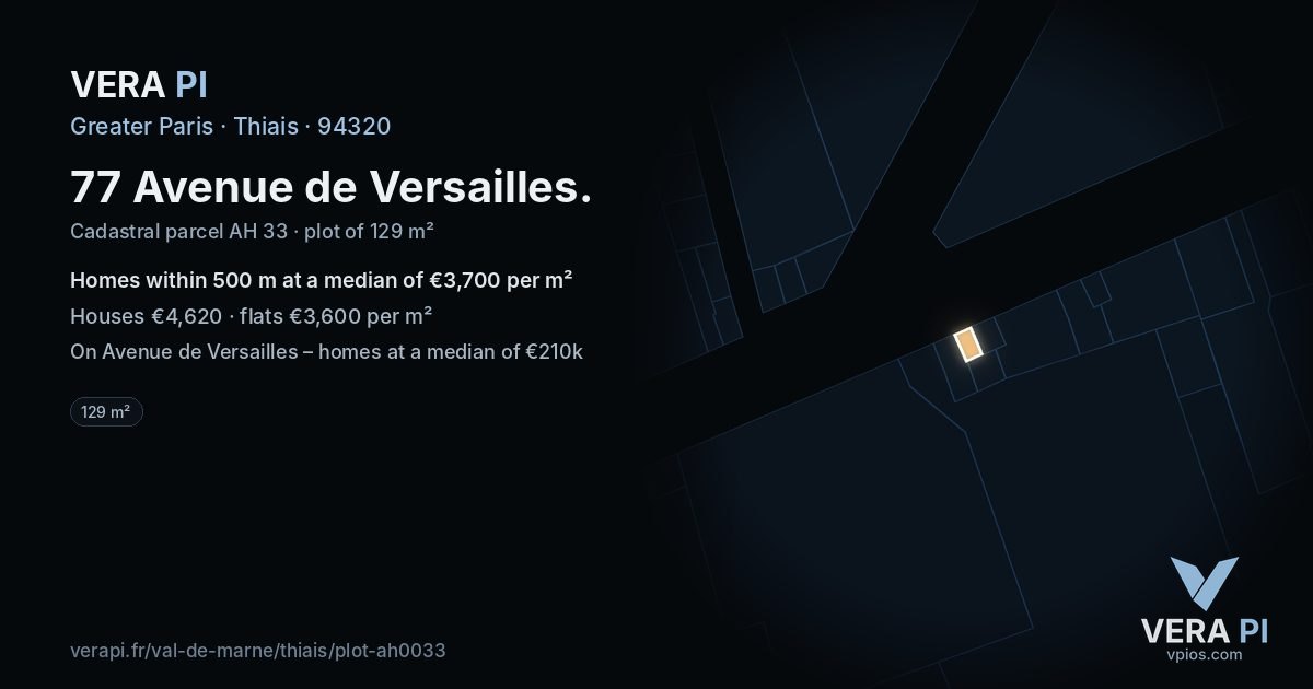 77 Avenue de Versailles, Thiais at night – the plot lit, the parcels around coloured by the prices near them