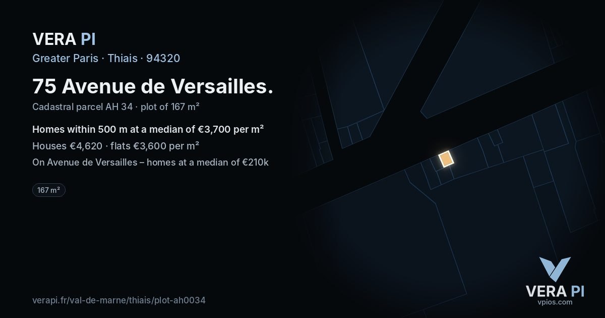 75 Avenue de Versailles, Thiais at night – the plot lit, the parcels around coloured by the prices near them