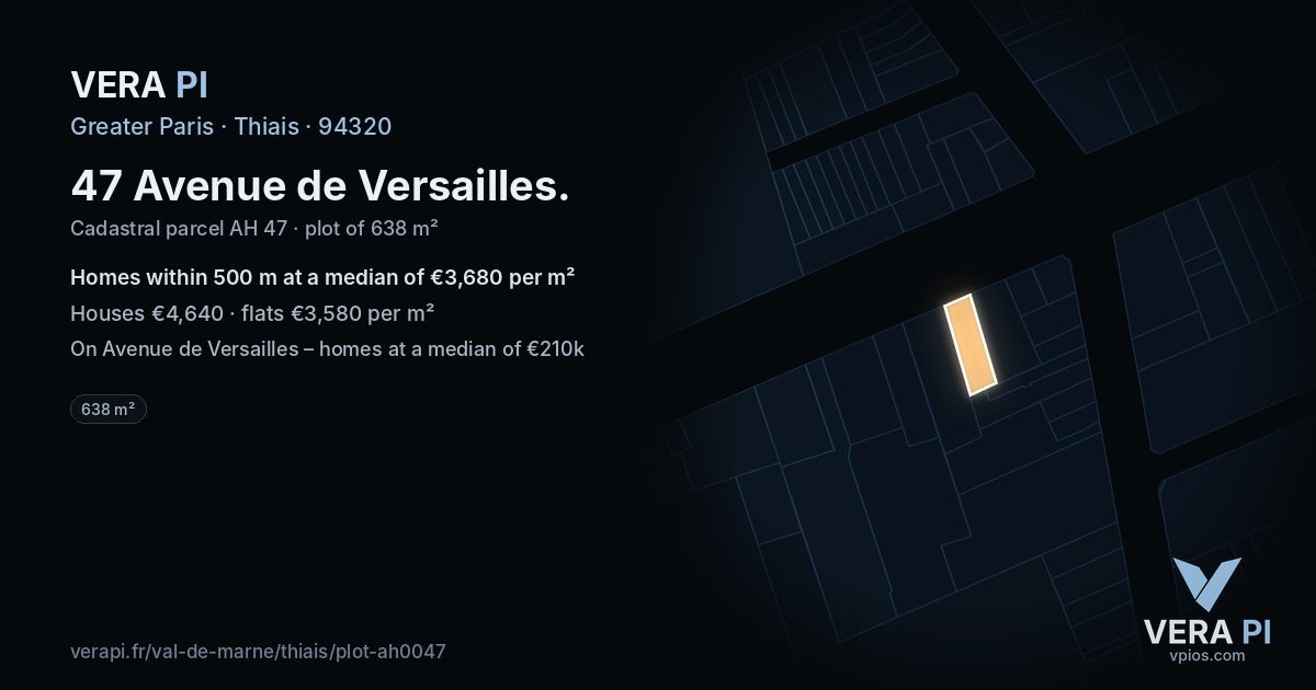 47 Avenue de Versailles, Thiais at night – the plot lit, the parcels around coloured by the prices near them