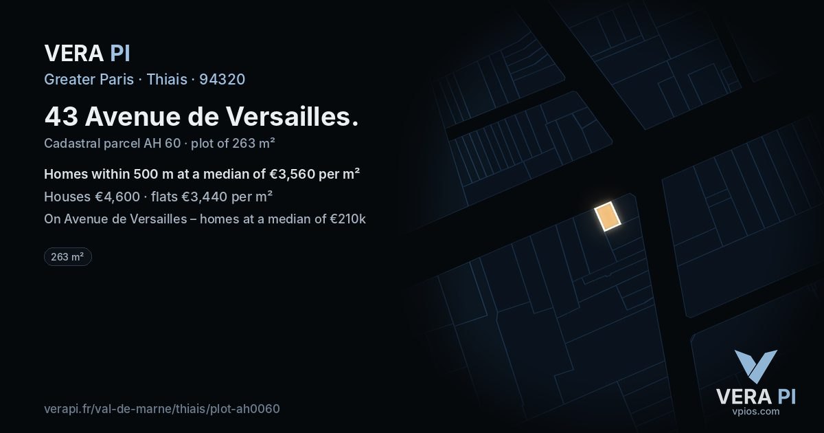 43 Avenue de Versailles, Thiais at night – the plot lit, the parcels around coloured by the prices near them
