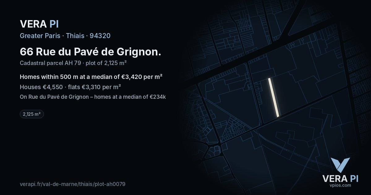 66 Rue du Pavé de Grignon, Thiais at night – the plot lit, the parcels around coloured by the prices near them