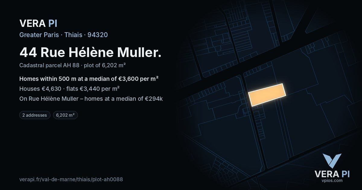 44 Rue Hélène Muller, Thiais at night – the plot lit, the parcels around coloured by the prices near them