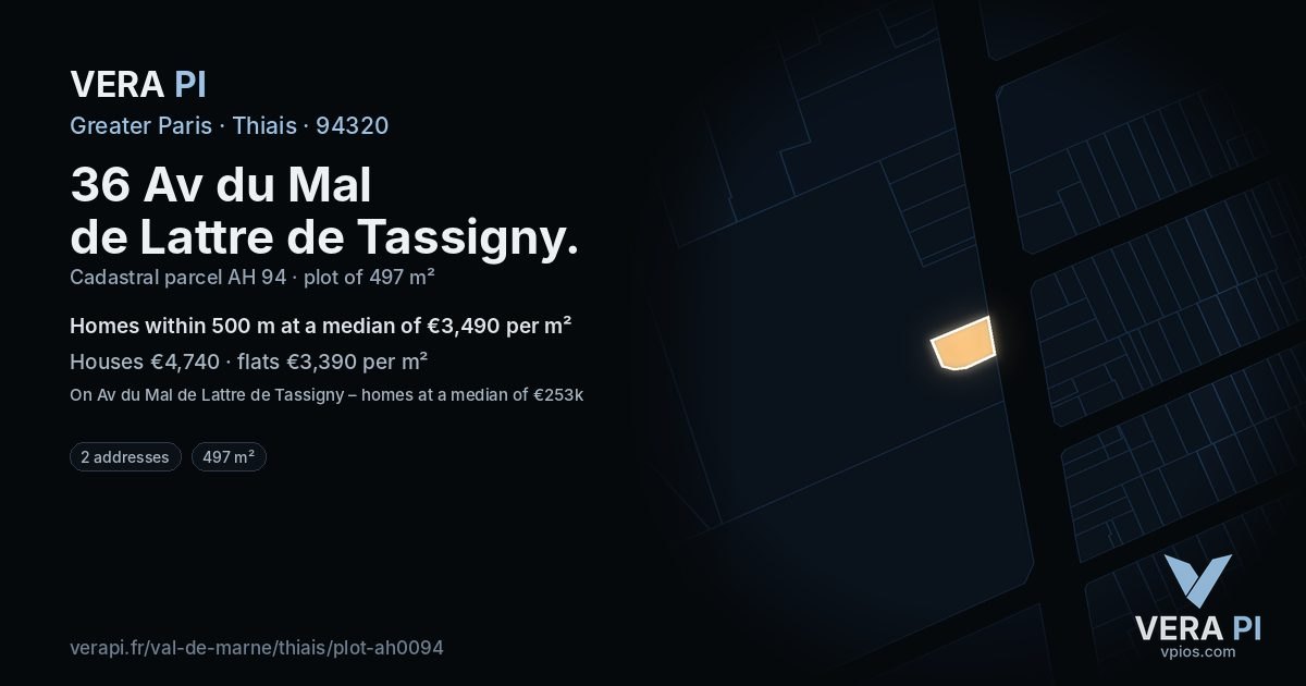 36 Av du Mal de Lattre de Tassigny, Thiais at night – the plot lit, the parcels around coloured by the prices near them