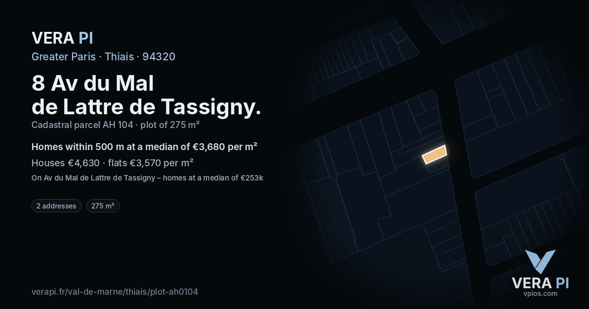 8 Av du Mal de Lattre de Tassigny, Thiais at night – the plot lit, the parcels around coloured by the prices near them