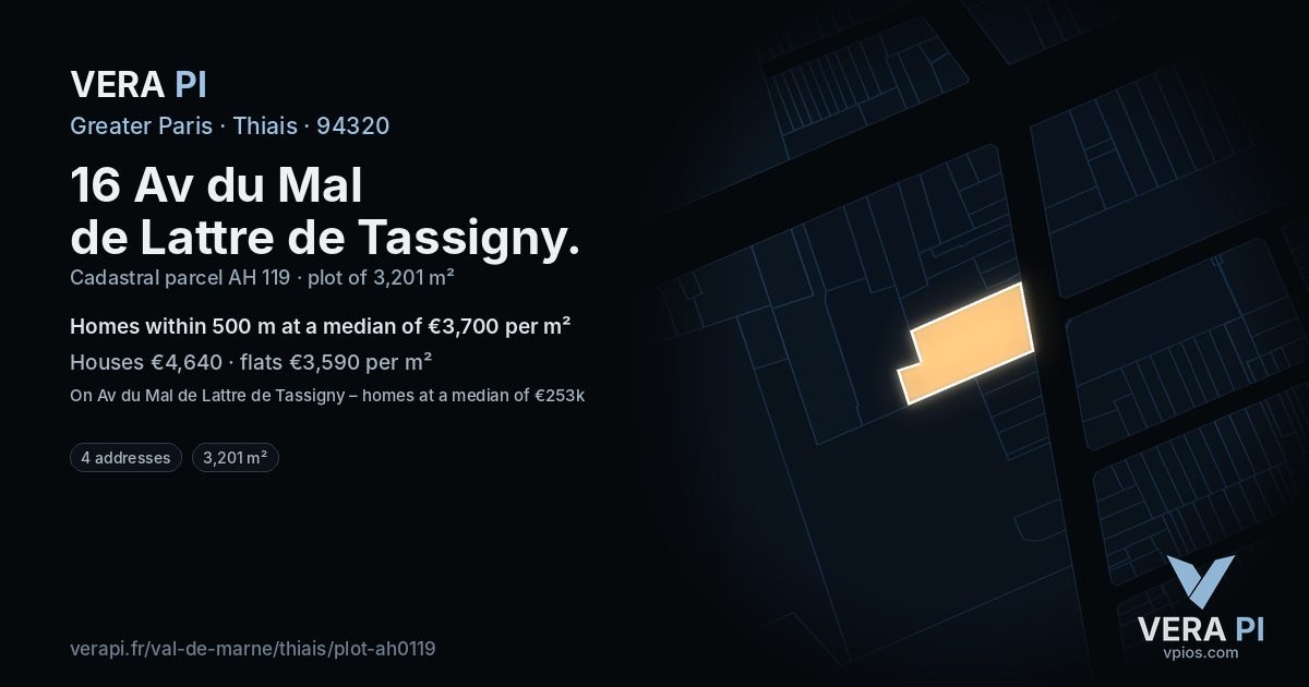 16 Av du Mal de Lattre de Tassigny, Thiais at night – the plot lit, the parcels around coloured by the prices near them