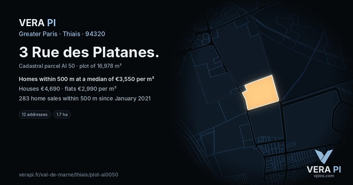 3 Rue des Platanes, Thiais at night – the plot lit, the parcels around coloured by the prices near them