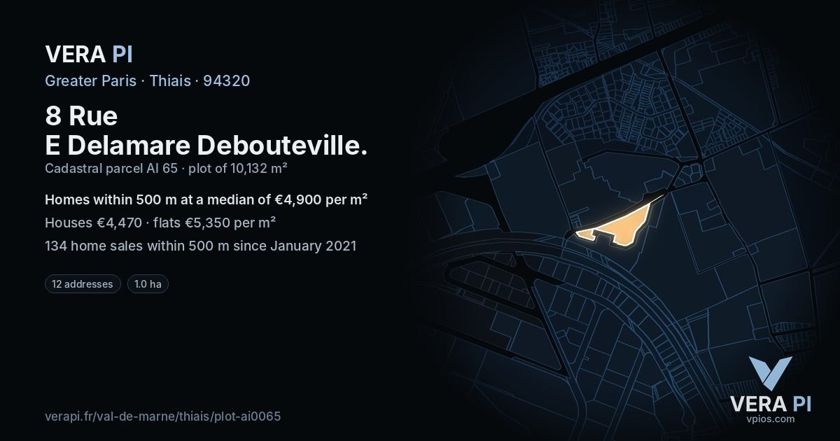 8 Rue E Delamare Debouteville, Thiais at night – the plot lit, the parcels around coloured by the prices near them