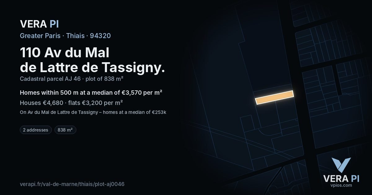 110 Av du Mal de Lattre de Tassigny, Thiais at night – the plot lit, the parcels around coloured by the prices near them