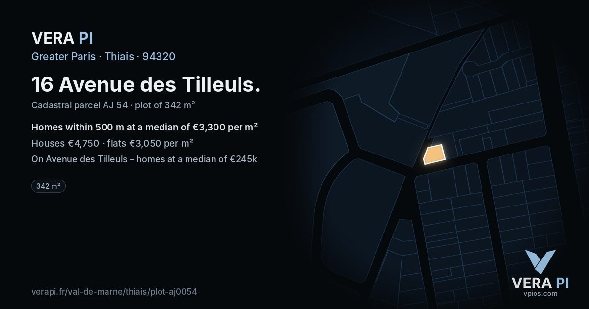 16 Avenue des Tilleuls, Thiais at night – the plot lit, the parcels around coloured by the prices near them