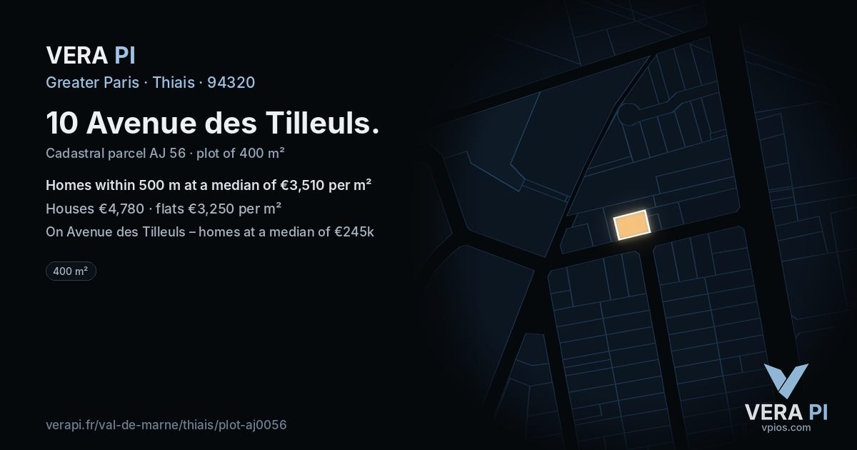 10 Avenue des Tilleuls, Thiais at night – the plot lit, the parcels around coloured by the prices near them