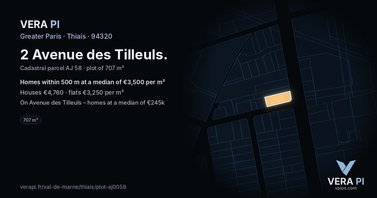 2 Avenue des Tilleuls, Thiais at night – the plot lit, the parcels around coloured by the prices near them