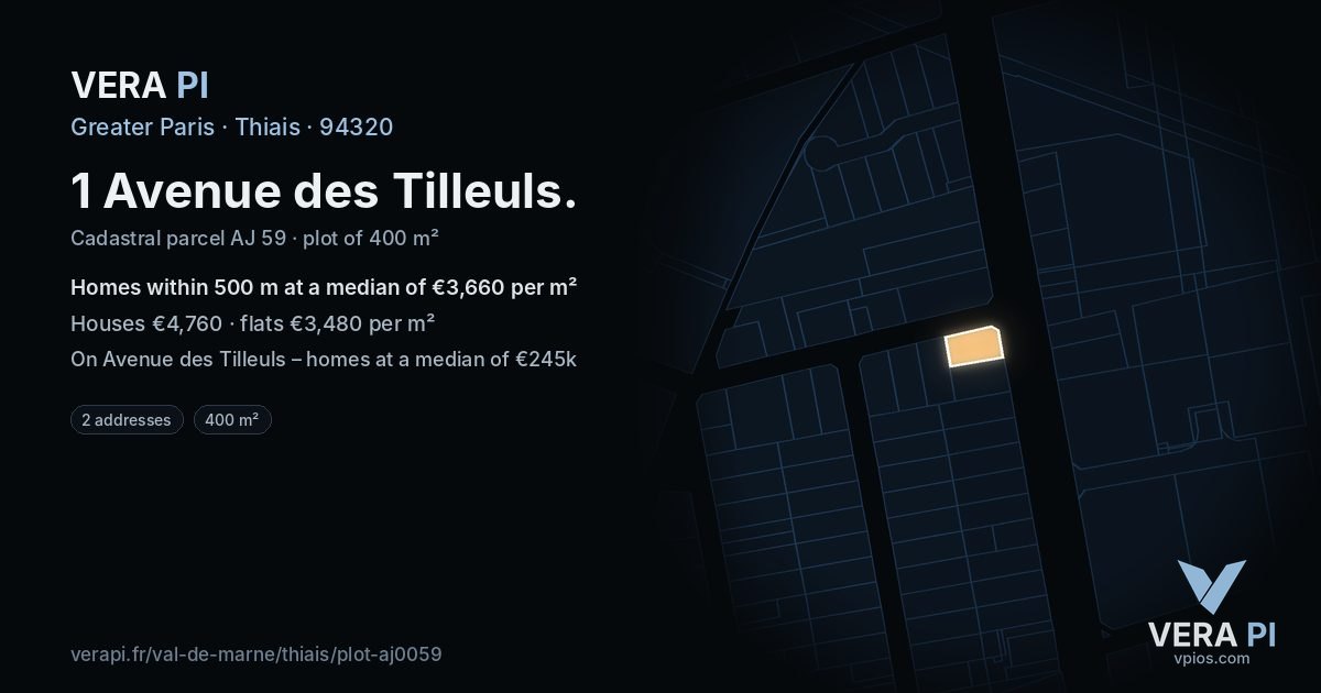 1 Avenue des Tilleuls, Thiais at night – the plot lit, the parcels around coloured by the prices near them