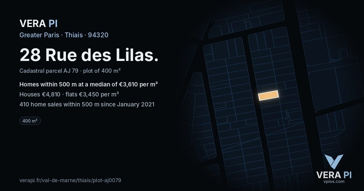 28 Rue des Lilas, Thiais at night – the plot lit, the parcels around coloured by the prices near them