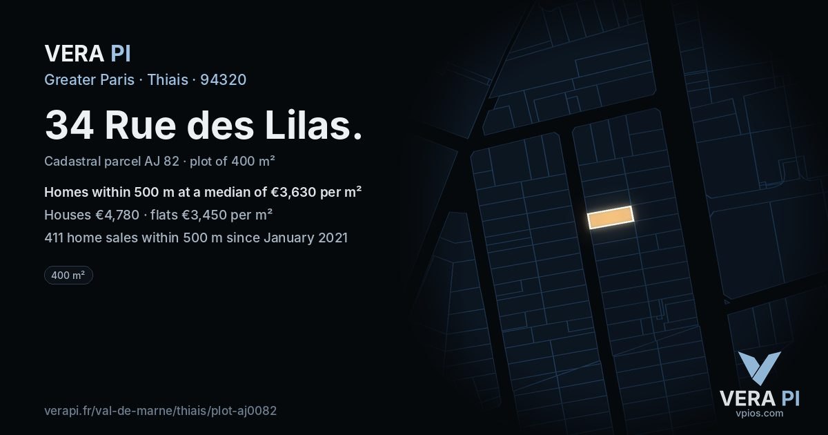 34 Rue des Lilas, Thiais at night – the plot lit, the parcels around coloured by the prices near them