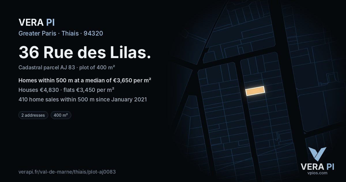 36 Rue des Lilas, Thiais at night – the plot lit, the parcels around coloured by the prices near them