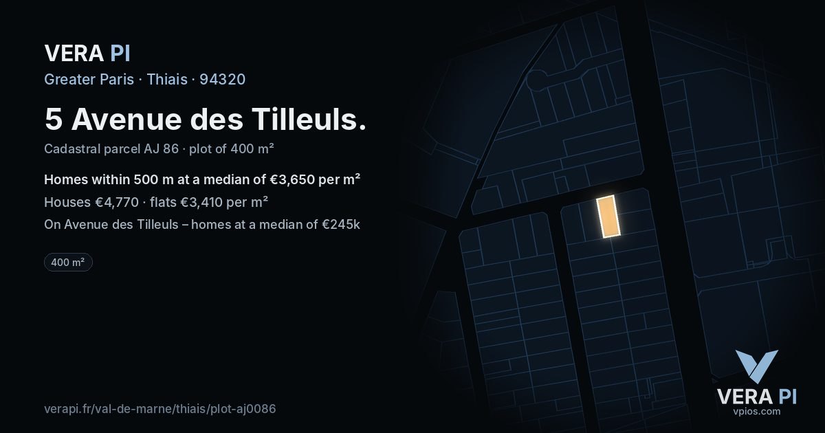 5 Avenue des Tilleuls, Thiais at night – the plot lit, the parcels around coloured by the prices near them