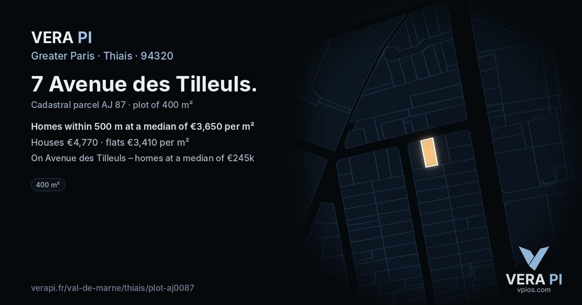 7 Avenue des Tilleuls, Thiais at night – the plot lit, the parcels around coloured by the prices near them