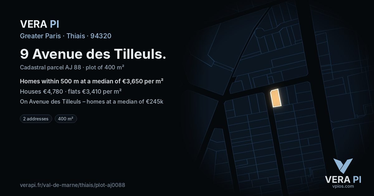 9 Avenue des Tilleuls, Thiais at night – the plot lit, the parcels around coloured by the prices near them
