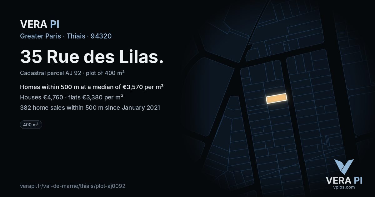 35 Rue des Lilas, Thiais at night – the plot lit, the parcels around coloured by the prices near them