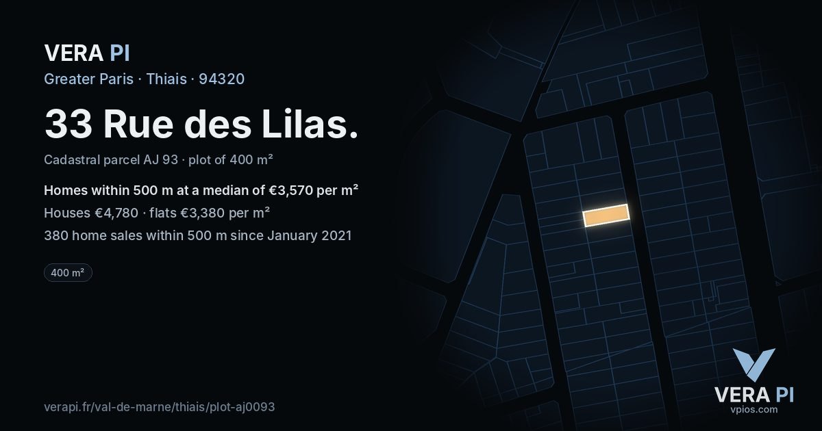 33 Rue des Lilas, Thiais at night – the plot lit, the parcels around coloured by the prices near them