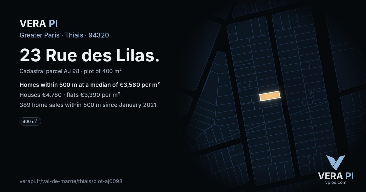 23 Rue des Lilas, Thiais at night – the plot lit, the parcels around coloured by the prices near them