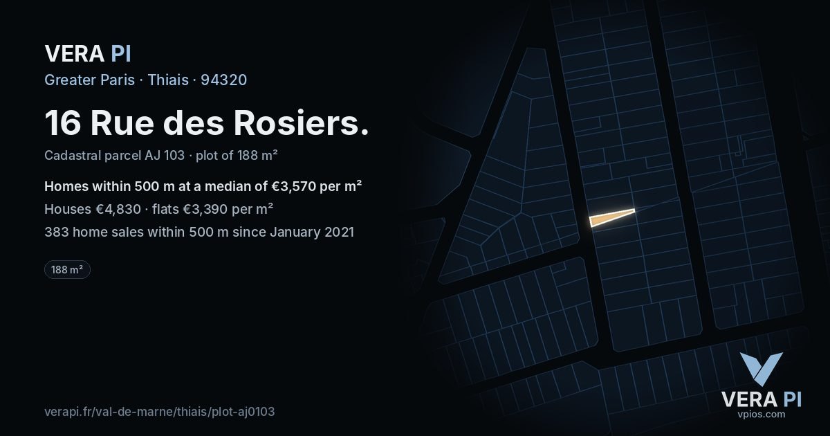 16 Rue des Rosiers, Thiais at night – the plot lit, the parcels around coloured by the prices near them