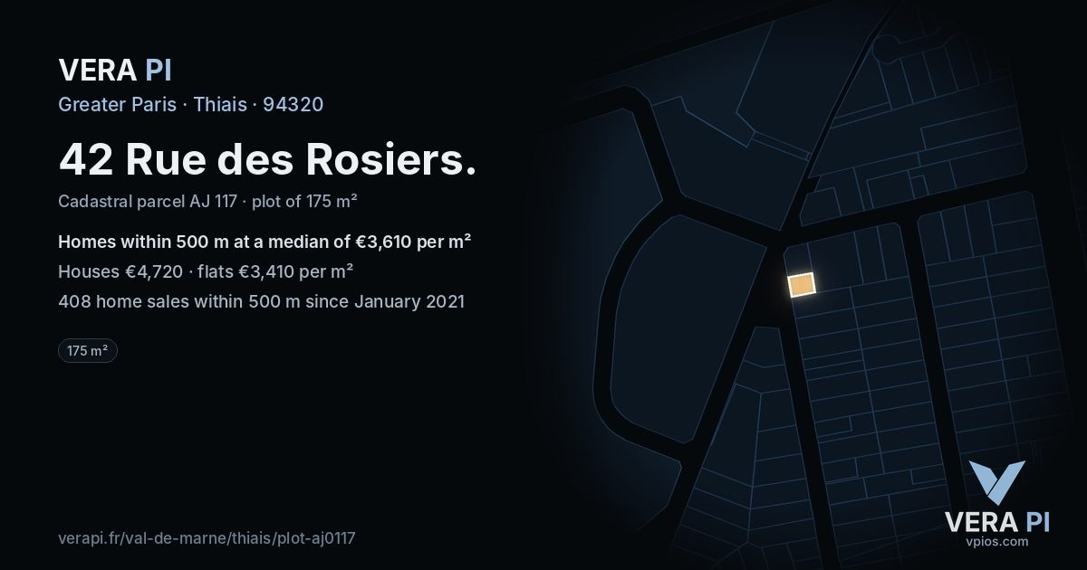 42 Rue des Rosiers, Thiais at night – the plot lit, the parcels around coloured by the prices near them