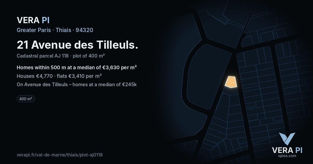 21 Avenue des Tilleuls, Thiais at night – the plot lit, the parcels around coloured by the prices near them