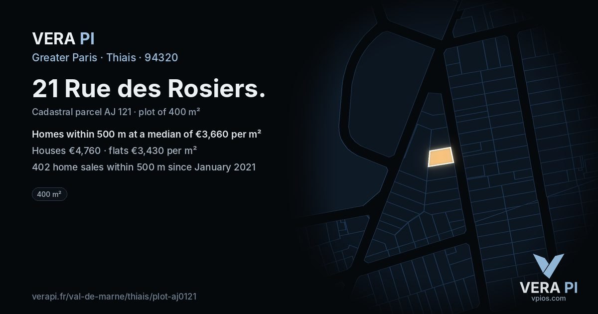 21 Rue des Rosiers, Thiais at night – the plot lit, the parcels around coloured by the prices near them