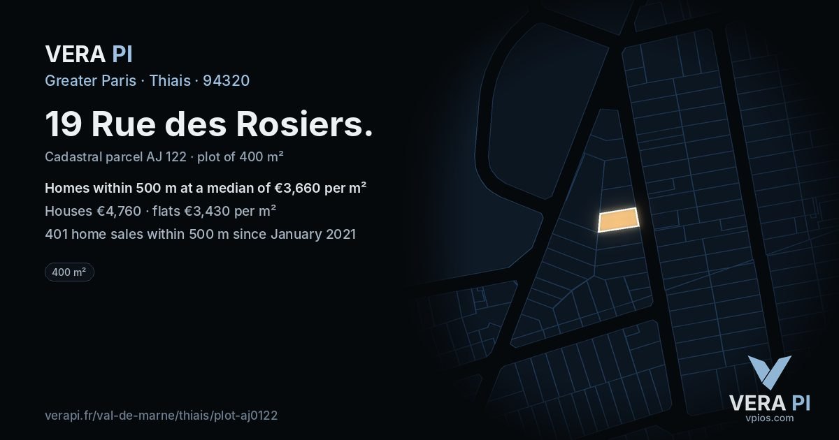 19 Rue des Rosiers, Thiais at night – the plot lit, the parcels around coloured by the prices near them