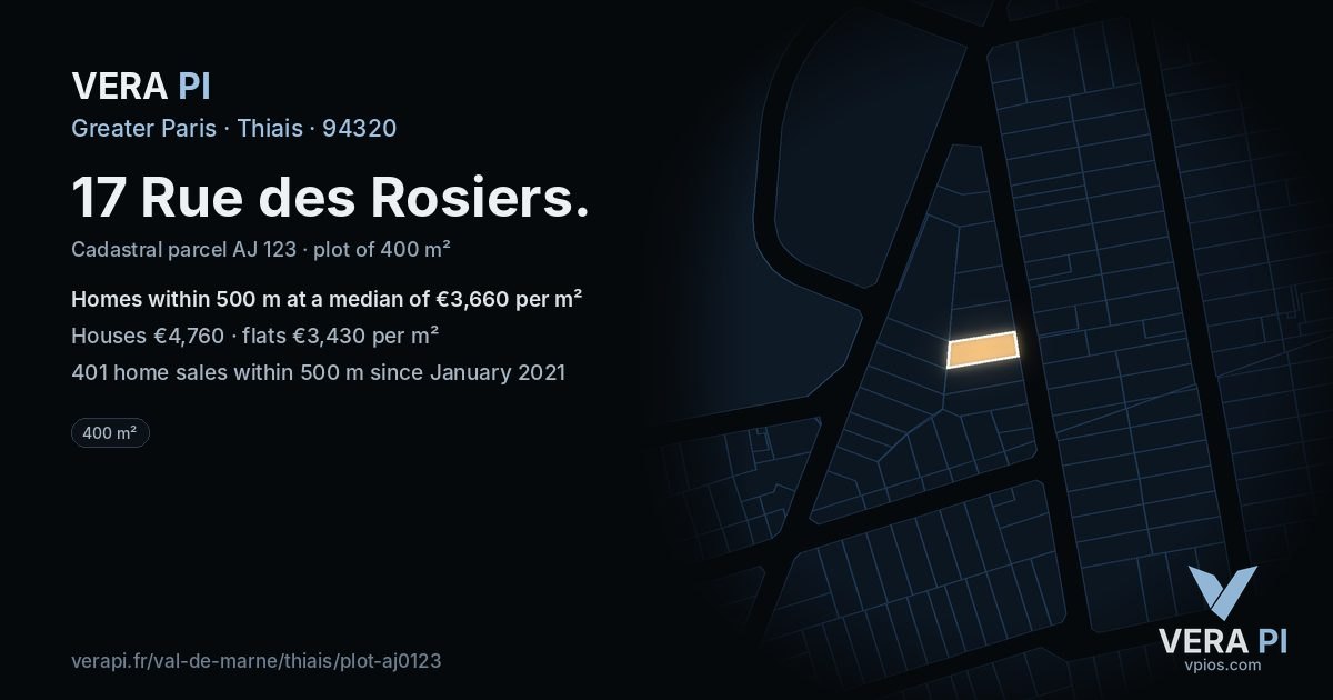 17 Rue des Rosiers, Thiais at night – the plot lit, the parcels around coloured by the prices near them