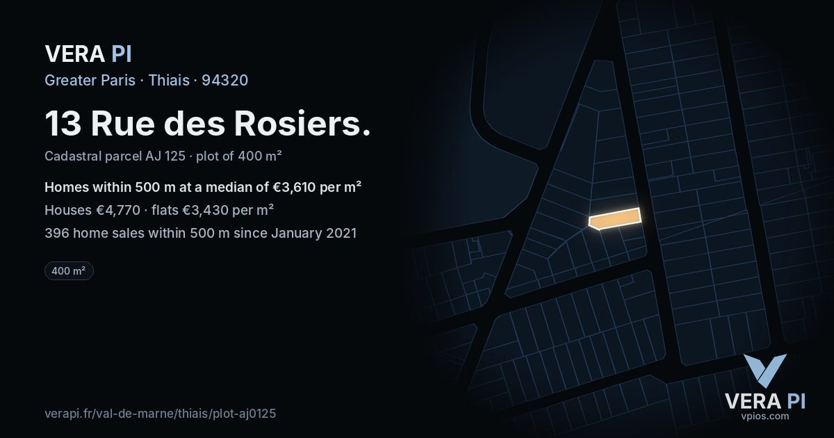 13 Rue des Rosiers, Thiais at night – the plot lit, the parcels around coloured by the prices near them