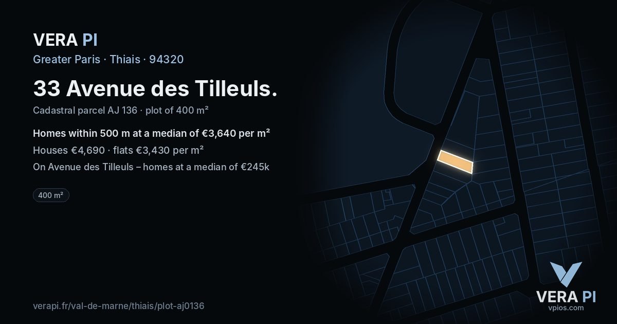 33 Avenue des Tilleuls, Thiais at night – the plot lit, the parcels around coloured by the prices near them