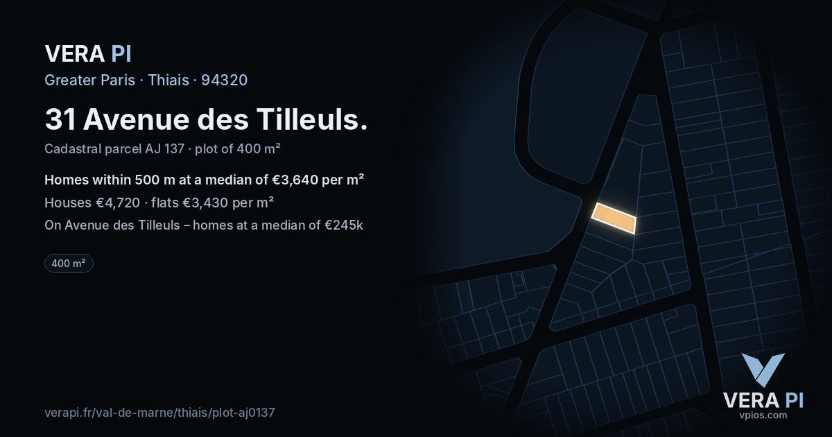 31 Avenue des Tilleuls, Thiais at night – the plot lit, the parcels around coloured by the prices near them