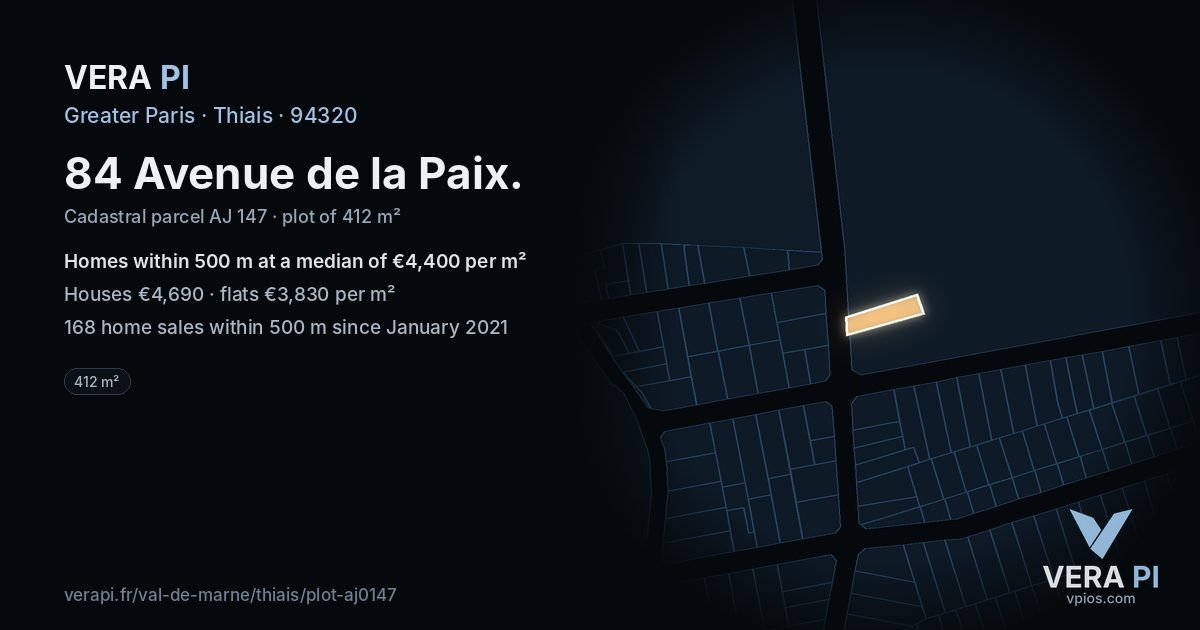 84 Avenue de la Paix, Thiais at night – the plot lit, the parcels around coloured by the prices near them