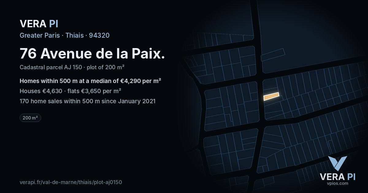 76 Avenue de la Paix, Thiais at night – the plot lit, the parcels around coloured by the prices near them