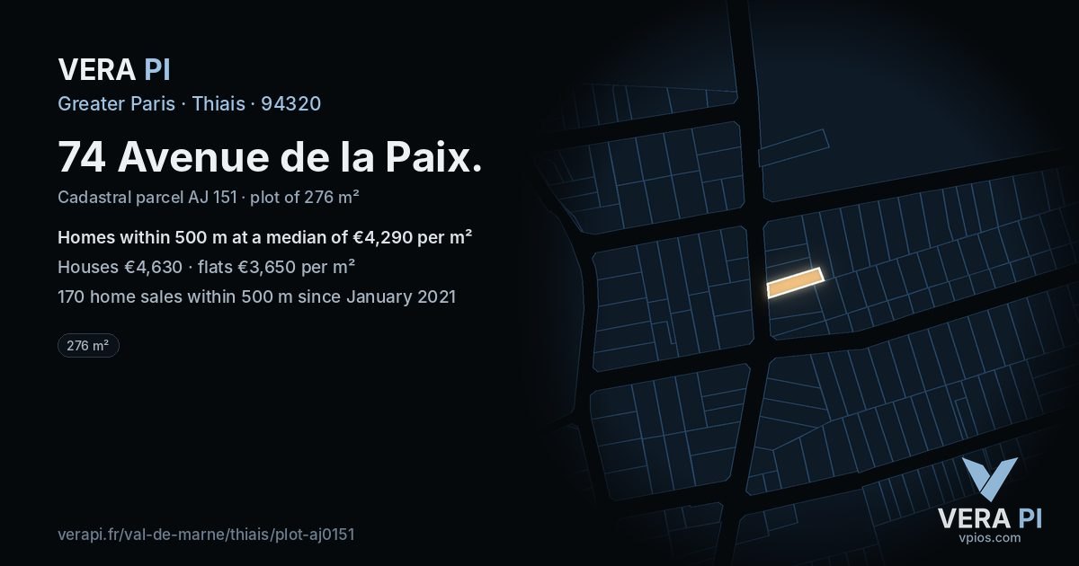 74 Avenue de la Paix, Thiais at night – the plot lit, the parcels around coloured by the prices near them